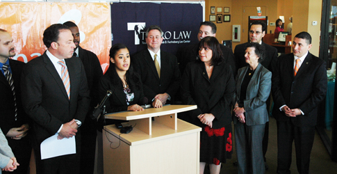 Touro Law student Kastherine Matos, president of the Latino American Law Students Association, addresses officials from Bethpage Federal Credit Union, The Long Island Hispanic Bar, the Suffolk County Attorney’s office and Touro Law Center administrators at a recent press conference to thank them for the collaborative effort providing two fellowship opportunities for Touro Law students.